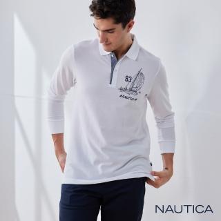 【NAUTICA】男裝 帆船圖騰印花長袖POLO衫(白)