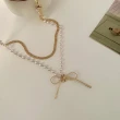 【MISS KOREA】韓國設計極簡優雅雙層蝴蝶結珍珠疊戴項鍊(雙層項鍊 蝴蝶結項鍊 珍珠項鍊)