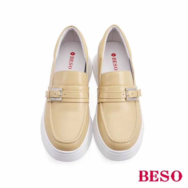 【A.S.O 阿瘦集團】BESO 柔軟羊皮條帶水鑽飾釦內增高休閒鞋(米黃色)