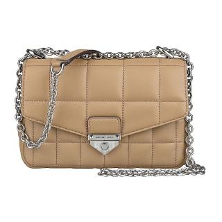 【Michael Kors】MK MICHAEL KORS SOHO銀字LOGO格紋小羊皮翻蓋扣式鏈帶肩背斜背方包(小/駝)