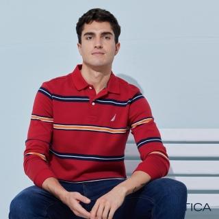 【NAUTICA】男裝 經典撞色條紋長袖POLO衫(紅)