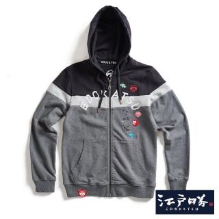 【EDWIN】江戶勝 男裝 和風小刺繡拼接色塊休閒連帽外套(黑色)