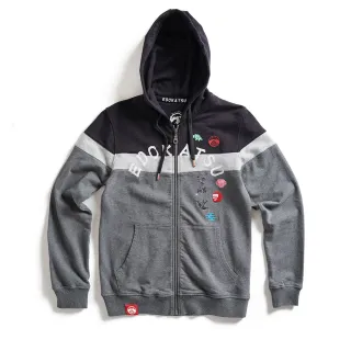 【EDWIN】江戶勝 男裝  和風小刺繡拼接色塊休閒連帽外套(黑色)