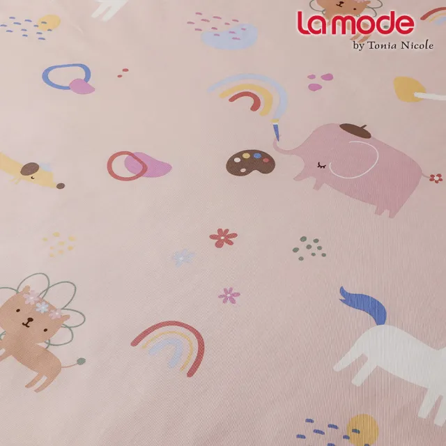 【La mode】環保印染100%精梳棉兩用被床包組-動物同樂繪+天才小畫象兩用抱枕毯(雙人)