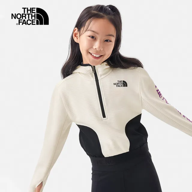 【The North Face 官方旗艦】北面兒童米白色吸濕排汗防潑水連帽長袖上衣｜81ZCR8R