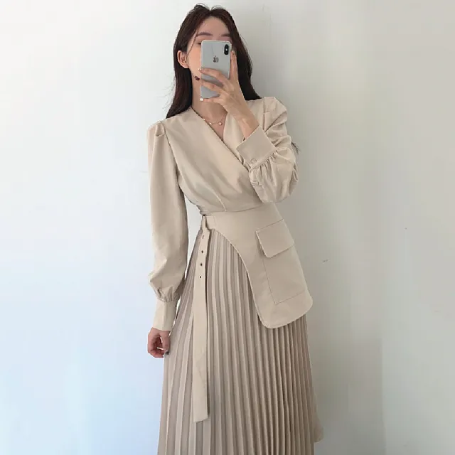 【巴黎精品】現貨+預購 連身裙長袖洋裝(假兩件拼接腰帶百摺連身女裙子2色a1ar10)