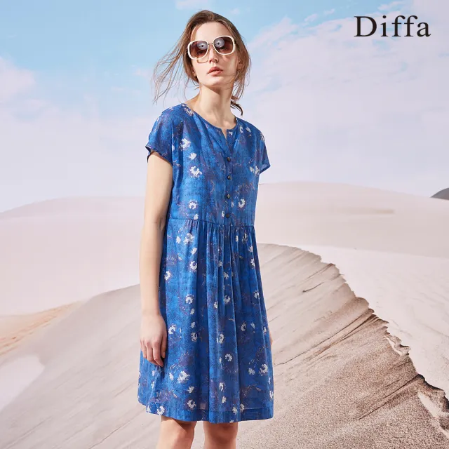 【Diffa】典雅藍白花開釦連身洋裝-女