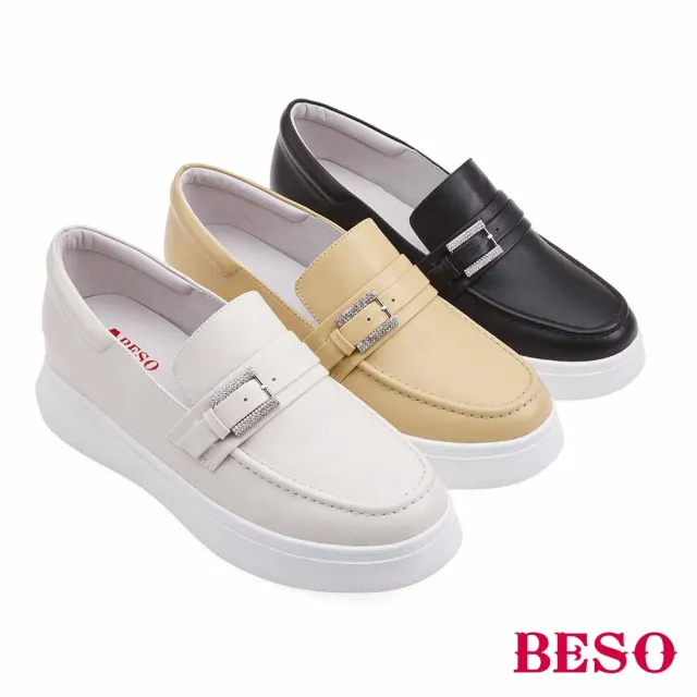 【A.S.O 阿瘦集團】BESO 柔軟羊皮條帶水鑽飾釦內增高休閒鞋(米色)