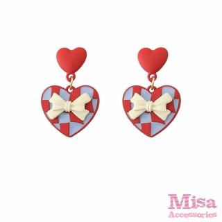 【MISA】韓國設計S925銀針甜美復古格子愛心蝴蝶結造型耳環(S925銀針耳環 愛心耳環 蝴蝶結耳環)