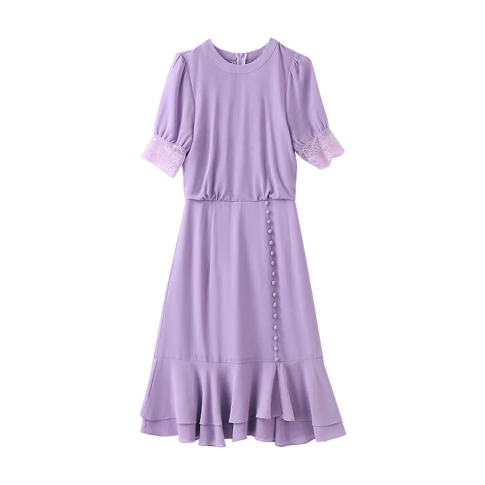 【SZ】玩美衣櫃荷葉邊洋裝純色蕾絲連衣裙M-3XL(共二色)