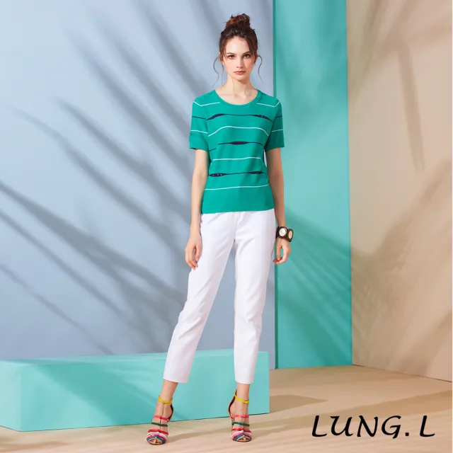 【LUNG.L 林佳樺】L823A 綠色圓領藍白線條短袖針織衫(女裝)