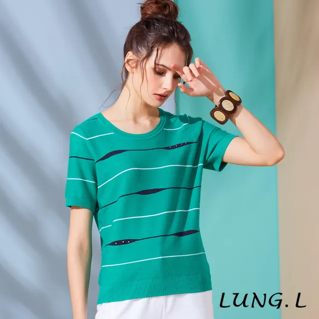 【LUNG.L 林佳樺】L823A 綠色圓領藍白線條短袖針織衫(女裝)