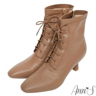 【Ann’S】時尚倫敦-綁帶造型羊皮真皮酒杯跟細跟方頭短靴6.5cm(卡其)