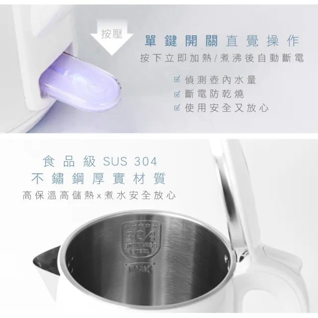 【KINYO】2L雙層防燙快煮壺 大容量不鏽鋼電熱水壺/電煮壺(一鍵煮水+分離底座+防乾燒)