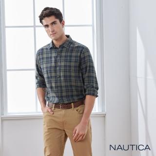 【NAUTICA】男裝 簡約沉穩格紋長袖襯衫(綠)