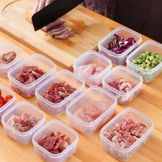 【Dagebeno荷生活】食品級PP材質透明條紋款肉類食品保鮮盒 冰箱配料分裝收納盒(方形4入)