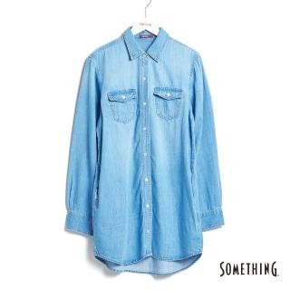 【SOMETHING】女裝 雙口袋水洗丹寧長袖襯衫(拔洗藍)