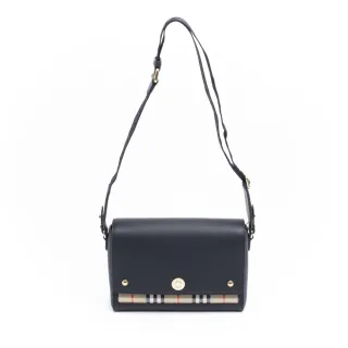 【BURBERRY 巴寶莉】VINTAGE 黑色 小牛皮 經典格纹拼皮革 LOGO背帶 側背包 斜背包(小資族精品入門)