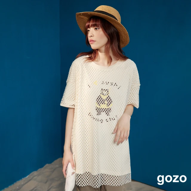 【gozo】我愛壽司熊網格假兩件寬版T恤(兩色)