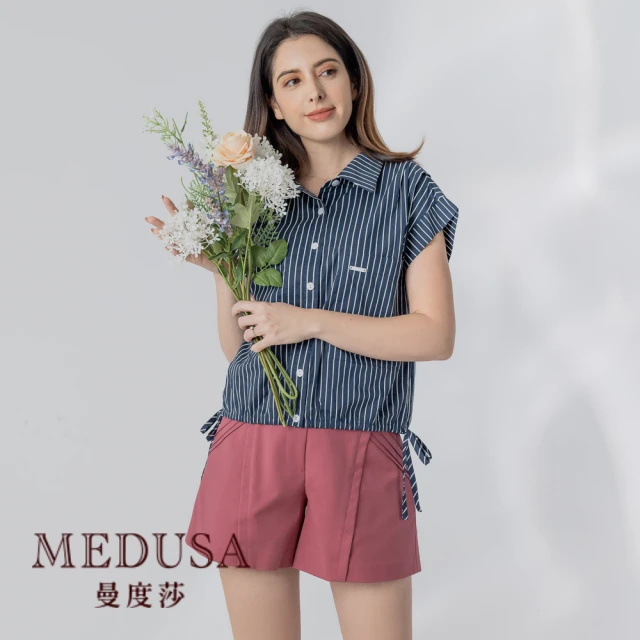 MEDUSA 曼度莎 現貨-藍白直紋闊肩綁結襯衫（M-XL）｜女上衣 女短袖上衣 短袖襯衫(105-70001)