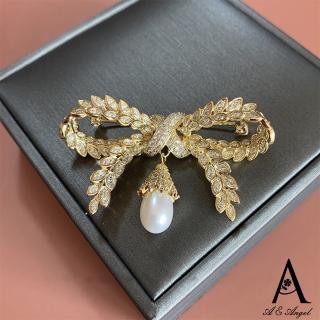 【ANGEL】葉片蝴蝶結珍珠水鑽胸針別針兩用款(金色)