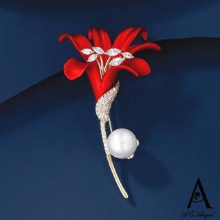 【ANGEL】熱情嫣紅百合花珍珠水鑽胸針別針兩用款(紅色)