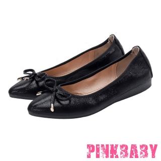 【PINKBABY】尖頭平底鞋 軟底平底鞋/小尖頭金屬亮皮典雅蝴蝶結造型軟底平底鞋 蛋捲鞋(黑)