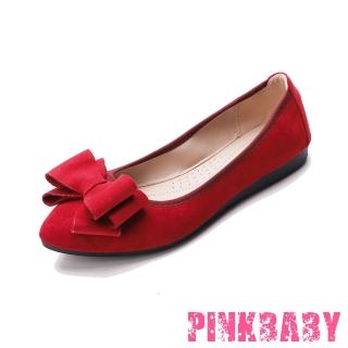 【PINKBABY】尖頭平底鞋 軟底平底鞋/小尖頭絨面可愛大蝴蝶結造型軟底平底鞋 蛋捲鞋(紅)