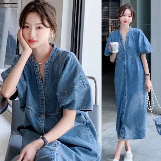 【baibeauty 白鳥麗子】牛仔排釦寬鬆短袖V領長洋裝(連身裙)