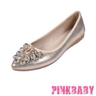 【PINKBABY】尖頭平底鞋 軟底平底鞋/小尖頭水鑽皇冠孔雀花造型軟底平底鞋(金)