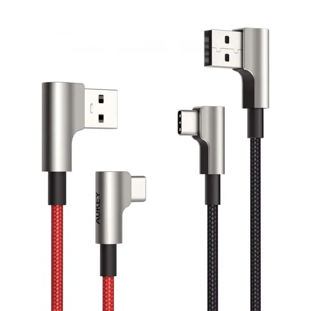 【AUKEY】鋅合金 USB-A to Type-C L型彎頭快充傳輸線 2M-2入