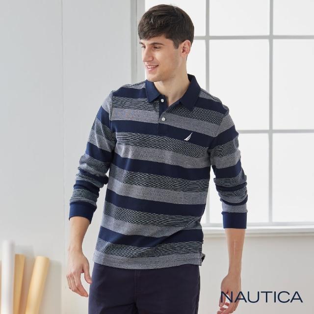 【NAUTICA】男裝 經典粗條紋長袖POLO衫(深藍)