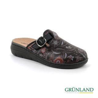 【GRUNLAND】義大利手工彈力皮革拇指外翻吸濕透氣厚底前包拖鞋 黑花(義大利進口健康舒適鞋)