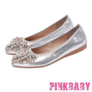 【PINKBABY】尖頭平底鞋 軟底平底鞋/小尖頭華麗水鑽蝴蝶結軟底平底鞋 蛋捲鞋(銀)
