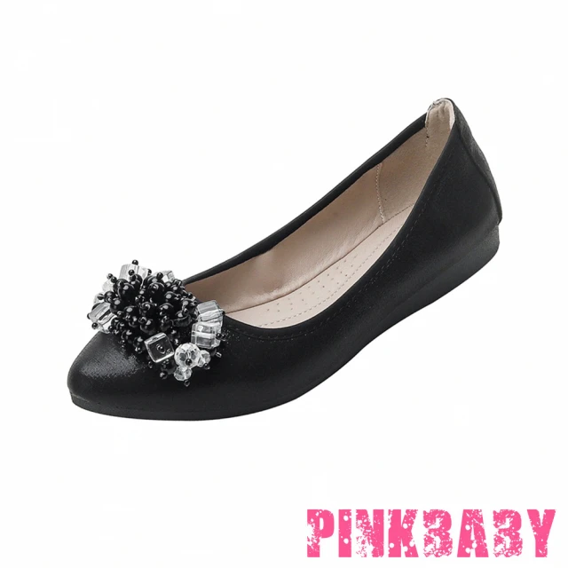 【PINKBABY】尖頭平底鞋 軟底平底鞋/小尖頭水晶珠串墜造型軟底平底鞋 蛋捲鞋(黑)