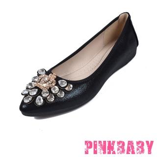 【PINKBABY】尖頭平底鞋 軟底平底鞋/小尖頭水鑽皇冠孔雀花造型軟底平底鞋(黑)