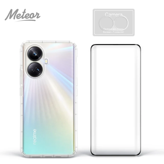 【Meteor】realme 10 Pro+ 手機保護超值3件組(透明空壓殼+3D鋼化膜+鏡頭貼)