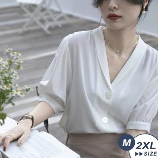 【LANNI 藍尼】★氣質泡泡袖V領雪紡襯衣(春夏/短袖上衣/五分袖/薄款)