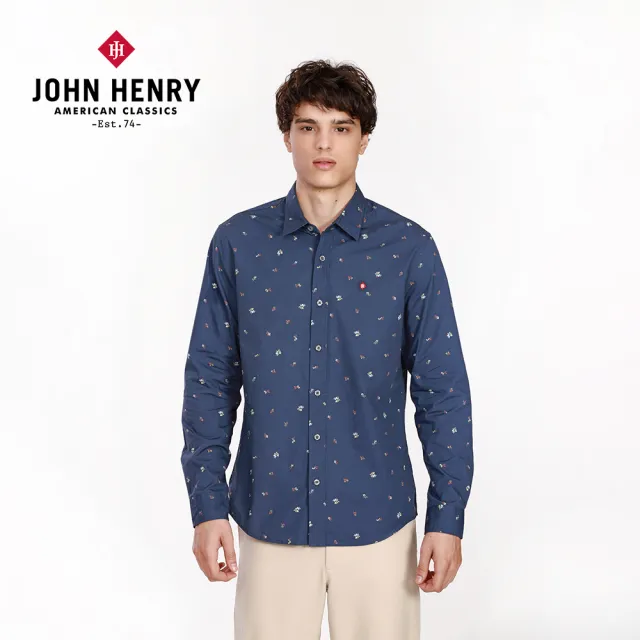 【JOHN HENRY】果實花長袖襯衫-藍色