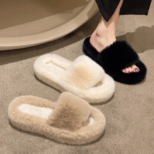 【baibeauty 白鳥麗子】日系素面一字帶毛毛厚底拖鞋(35-41全尺碼 居家外出兩穿)
