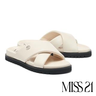 【MISS 21】舒軟澎澎交叉繫帶全真皮大頭拖鞋(杏)