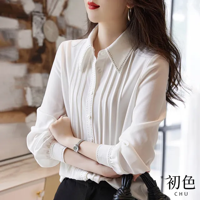 【初色】素色豎條壓痕黑色繡邊裝飾襯衫上衣女上衣-白色-66232(M-2XL可選)