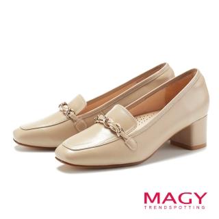 【MAGY】真皮小方頭皮繩串鍊樂福中跟鞋(杏色)