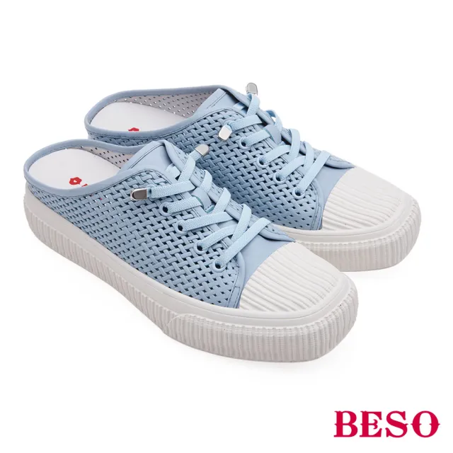 【A.S.O 阿瘦集團】BESO 質感羊皮壓紋編織沖孔方楦穆勒鞋(藍色)