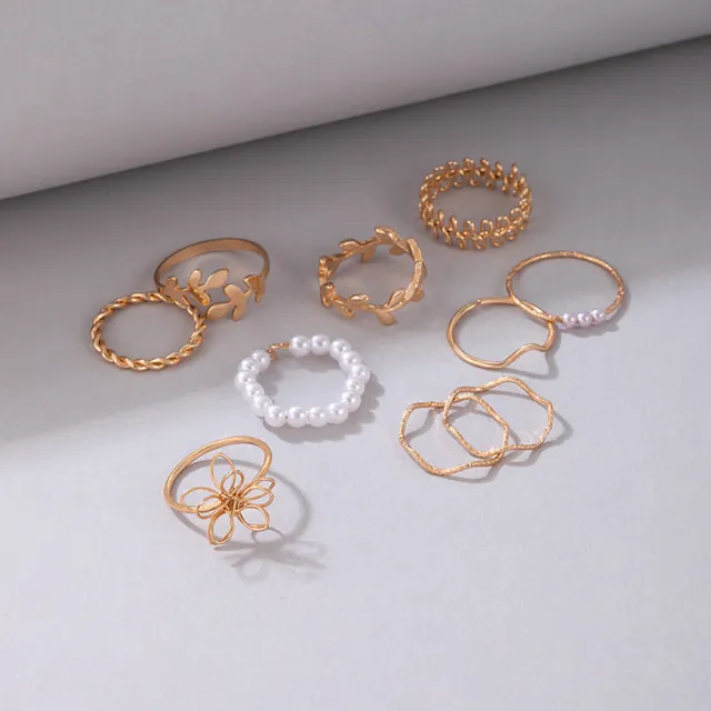 【I MISS U】波西米亞民族風縷空花朵珍珠造型戒指10件套組(縷空戒指 花朵戒指 珍珠戒指)