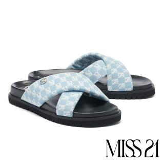 【MISS 21】舒軟澎澎交叉繫帶全真皮大頭拖鞋(藍)