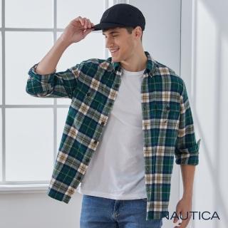 【NAUTICA】男裝 率性休閒格紋長袖襯衫(綠色)