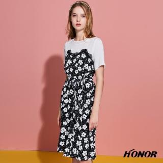 【HONOR 山形屋】透膚假兩件花花洋裝(MOMO獨家限定)