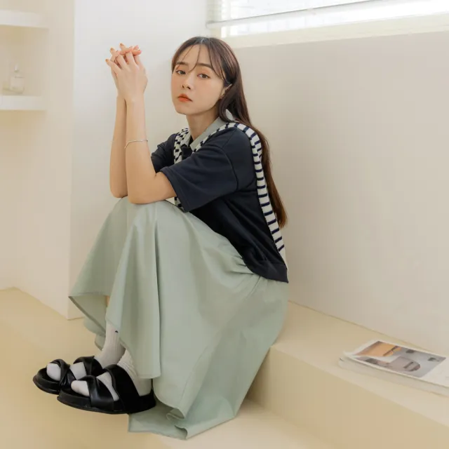 【OB 嚴選】假兩件針織跳色短袖洋裝 《DA9572》