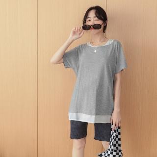 【OB 嚴選】休閒高含棉假兩件彈性寬鬆上衣 《AB7509》